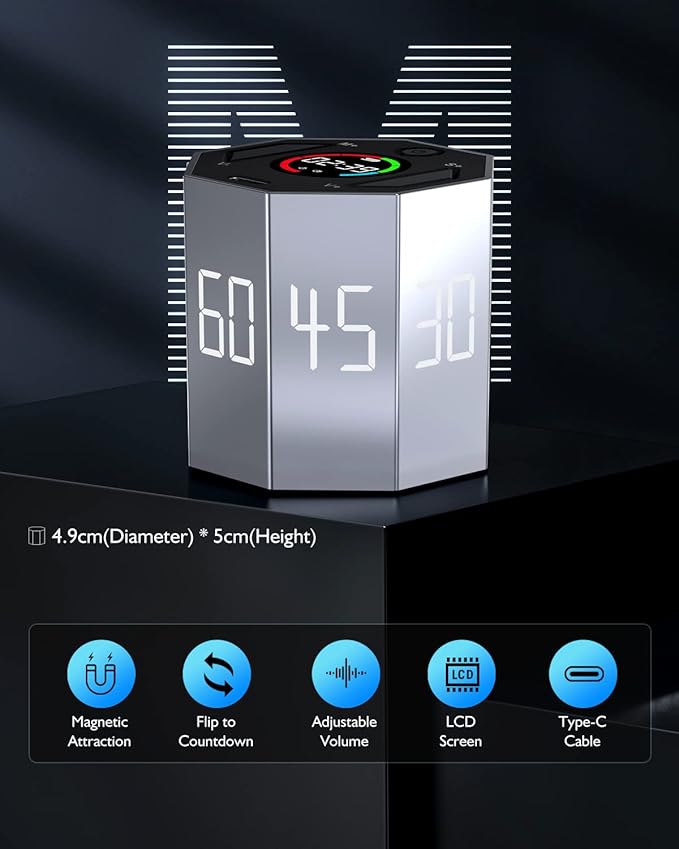 Pomodoro Timer, Magnetic Visual Timer with Flip Countdown, Silent & Alarm, Ideal ADHD Tools for Adults/Kids, Small Cube Digital Timer for for Office Productivity, Kitchen Cooking, Work, Study