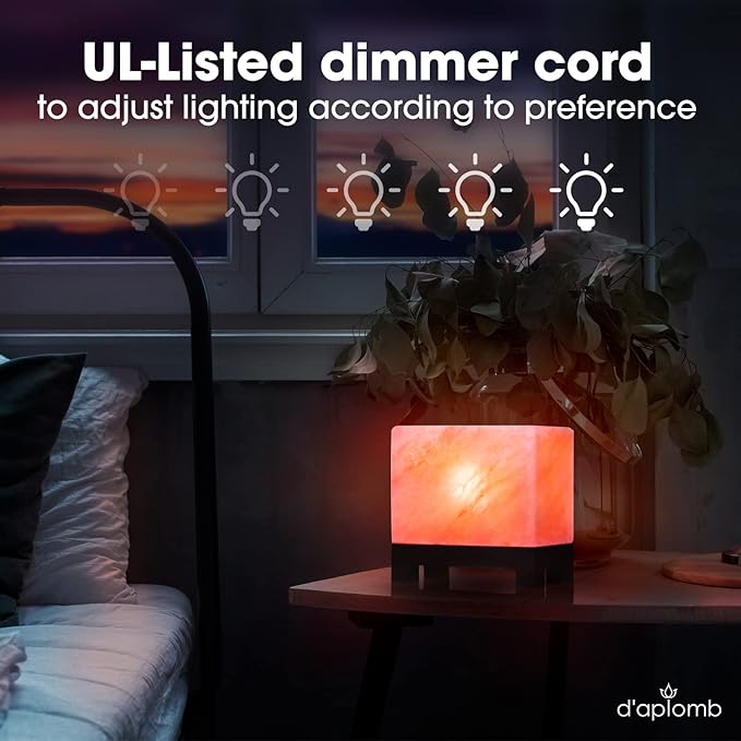 d'aplomb 100% Authentic Natural Himalayan Salt Lamp;Hand-Carved Modern Rectangle Rare Pink Crystal Rock Salt from The Himalayan Mountain; Footed Wood Base, Dimmer Cord; 11.5 lbs