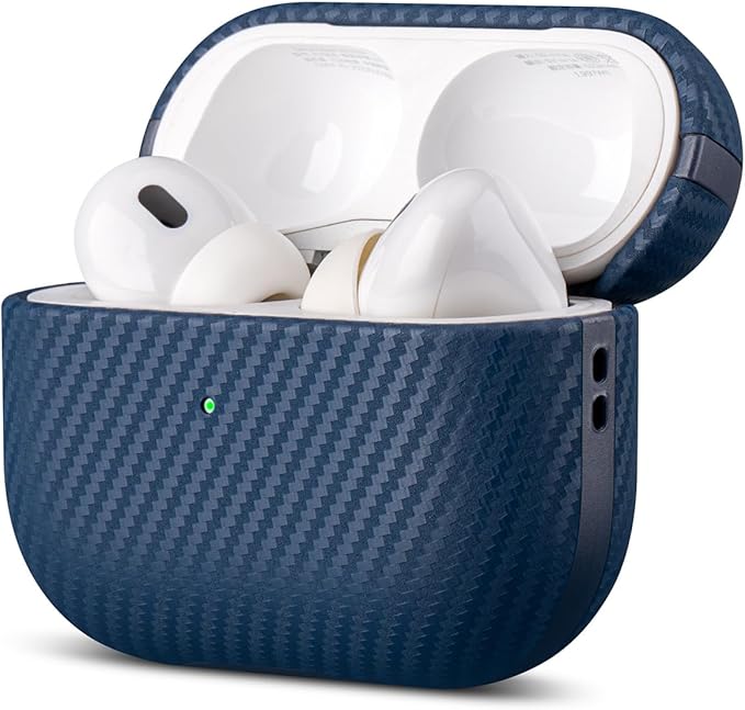 LOPIE Leather Case for AirPods Pro 2nd Generation - Handmade AirPods Pro 2 Case Cover - Made of Real Leather - Protective Hard Shell Cover - Carbon Fiber Style - Wireless Charging Compatible - Blue