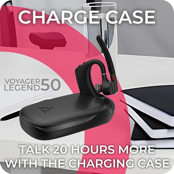 Poly Voyager Legend 50 UC Bluetooth Headset, Charging Case, AI-Powered Noise Cancellation, 4-Mic WindSmart, 10-Hr Battery, 98 ft Wireless Range, Multipoint Connectivity, Voice Assistant, GTW Charger
