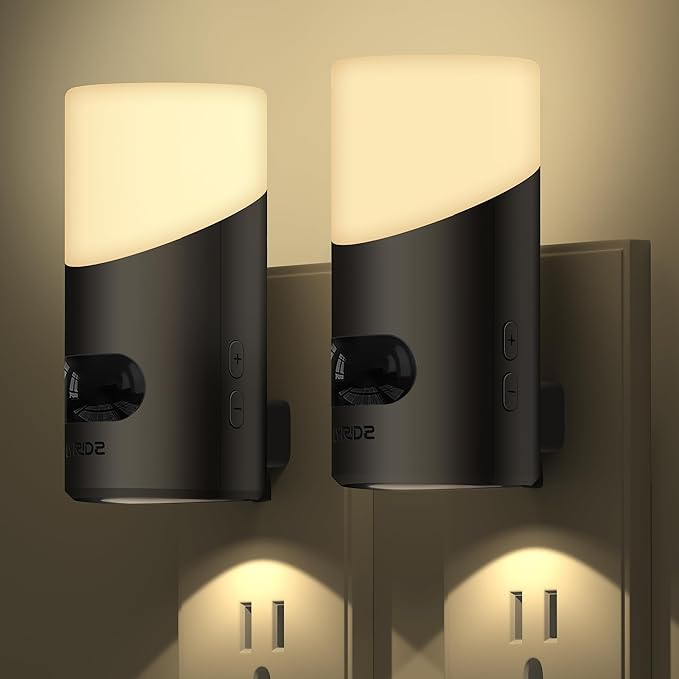 Lyridz LED Night Lights Plug into Wall with Motion Sensor, 1-150LM Dimmable Plug-in Nightlight Indoor for Bedroom, Bathroom, Hallway, Stairs, Pet House, Toilet, 2 Pack