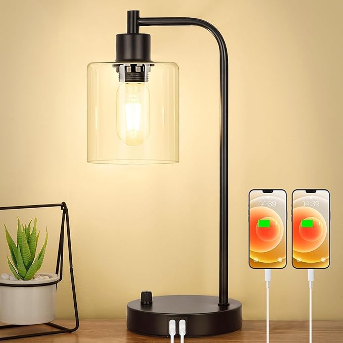 Industrial Table Lamp with 2 USB Charging Ports, Fully Stepless Dimmable Modern Nightstand Lamp, Glass Shade Bedside Desk Lamp for Bedroom Living Room Office, 8W 2700K LED Edison Bulb Included