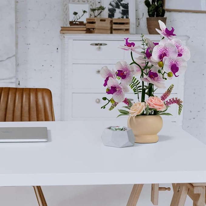 LESING Artificial Orchid Flower with Vase, White Orchid Bonsai Faux Orchid Phalaenopsis Plant Pot Arrangements for Home Decoration (White Purple,Beige Vase)