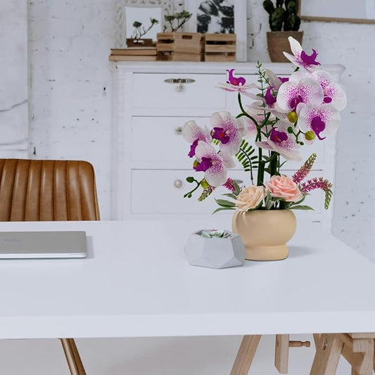 LESING Artificial Orchid Flower with Vase, White Orchid Bonsai Faux Orchid Phalaenopsis Plant Pot Arrangements for Home Decoration (White Purple,Beige Vase)