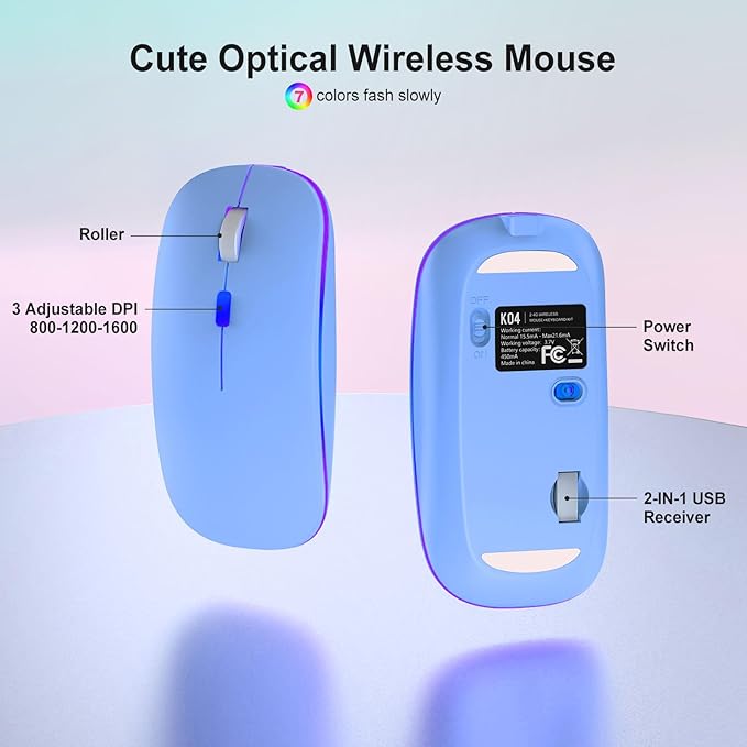 Wireless Light Up Keyboard and Mouse,Cute 2.4Ghz Cordless Rechargeable Clear Transparent Backlit Keyboard,15 Backlight Effects,Volume Knob,RGB Mouse with 3 DPI for Mac Computer PC Laptop Desktop-Blue