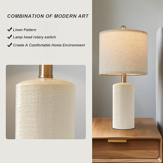 20.25/inch Modern Ceramic Table lamp Set of 2 Small Farmhouse Bedside lamp Creamy-White Nightstand Lamp End Table Lamps for Living Room Bedroom Study Office AMZ-T1109WH0