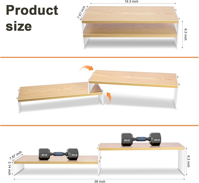 YGYQZ Wood Adjustable Monitor Riser for Desk, 2 Tier Dual Monitor Stand with Acrylic Legs Office Desk Shelf Organizer for Laptop, PC, Printer, Computer (wood-wavy)