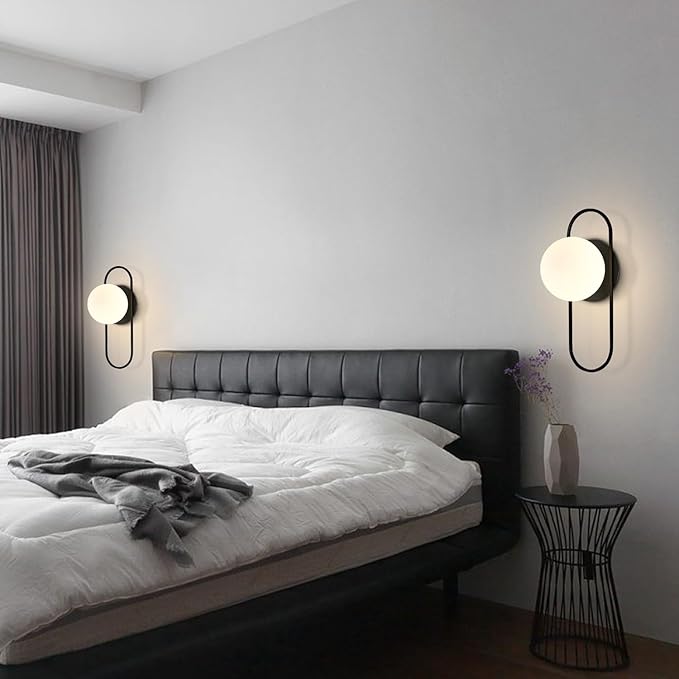 Black Glass Globe Wall Sconce Set of Two Frosted Globe Wall Light Mid Century Modern Wall Sconce Oval Wall Lamp for Bedroom Bedside Bathroom