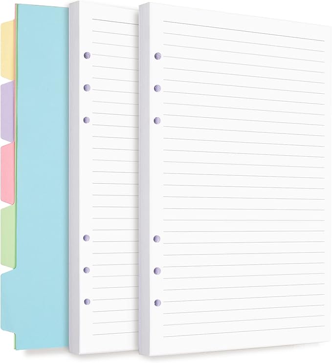 A6 Refill Paper, Planner Inserts for A6 Binder Budget Planner Journals Notebook, 6 Ring Loose Leaf Lined Paper with Binder Dividers, 240 Pages (White Paper)