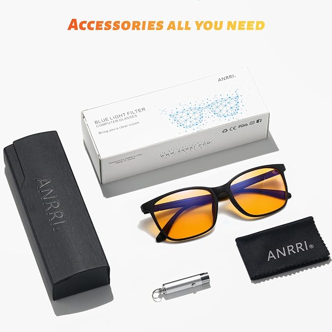 ANRRI Blue Light Glasses for Computer & Gaming - Amber Lenses Reduce Eye Strain Max Protection Sleep Glasses Mens and Women