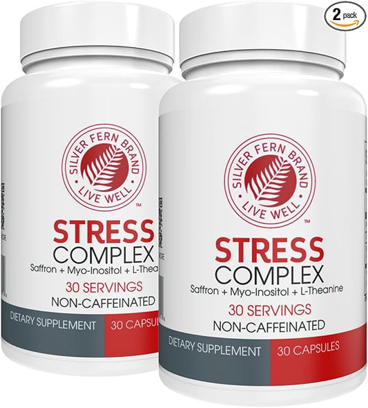 Silver Fern Stress Complex Supplement - Without Caffeine - Sleep, Worry, Mood & More - with Saffron Supplements, L-Theanine Supplement, & Myo-inositol - Natural Stress Relief Supplement (Pack of 2)