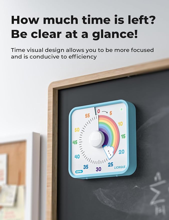 LIORQUE 60 Minute Visual Timer for Kids and Adults, Non-Ticking 7.5 Inch Large Visual Countdown Timers for Classroom Desk Countdown Clock with Magnetic Backing, Kids Pomodoro Timer Clock