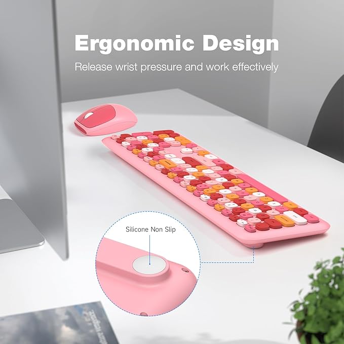 KNOWSQT Wireless Keyboard and Mouse Combo, Pale Pink Full-Sized 2.4G Silent Keycap Colorful Keyboards, USB Dongle Plug Play, for Laptop, Windows, PC, Computer, Desktop
