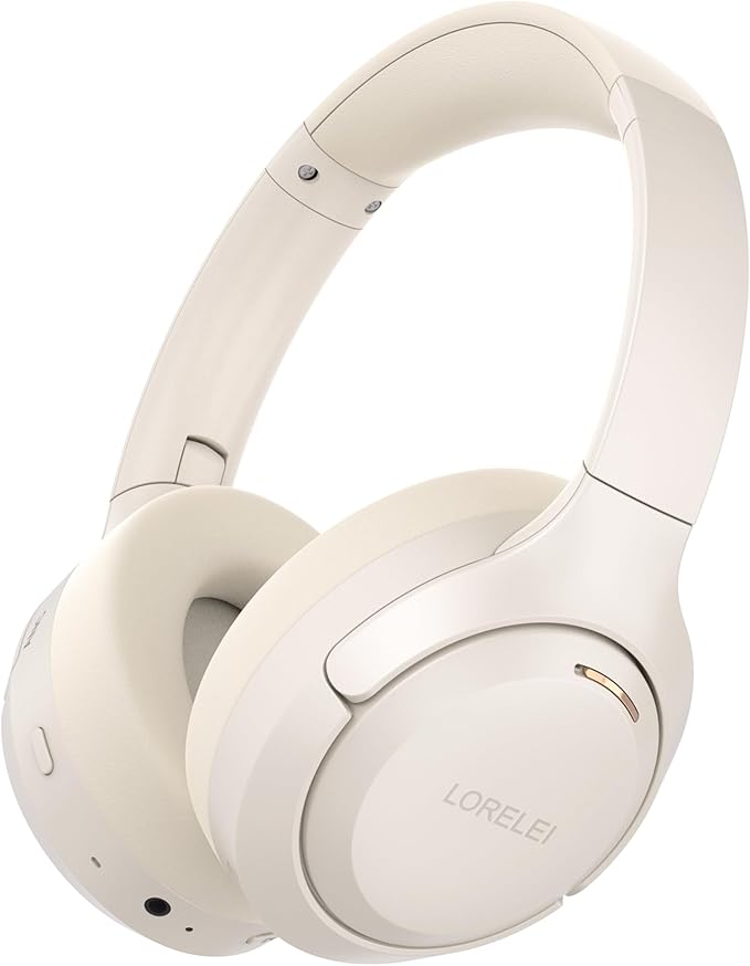 LORELEI QC60 Hybrid Active Noise Cancenlling Headphones,Wireless over ear Bluetooth Headsets with mic, 60H Playtime Foldable Lightweight, Deep Bass, Memory Earmuffs,for Travel Home Office(Beige White)