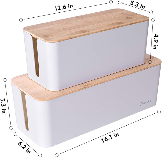 2 Pack Large Cable Management Box – Wooden Style Cord Organizer and Cover for TV Wires, Computer, Router, USB Hub and Under Desk Power Strip – Safe ABS Material and Baby-Pets Proof Lock (White)
