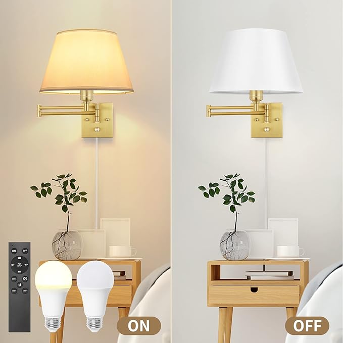 TRLIFE Remote Control Dimmable Wall Sconce, Adjustable Color Temperature 2700K-6500K Brushed Brass Swing Arm Wall Lights with Plug in Cord, 11.8" Large White Shade(2 Pack, 2 Bulbs)