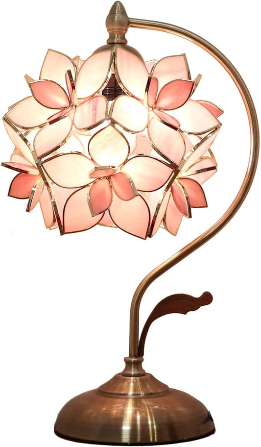Bieye L10833 Rose Lily Flower Tiffany Style Stained Glass Table Lamp with Vintage Brass Base Electroplating Finish for Bedside Bedroom Living Room Home Decoration, 8 inch Wx17 inch H, 8 inch Rose Lily
