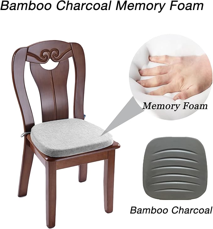 4 Pack Dining Room Chair Cushions with Ties - Memory Foam No Slip Seat Cushion and Kitchen Chair Pad with Machine Washable Cover [16.5 X 16.2 Inches] -(Light Gray,4)