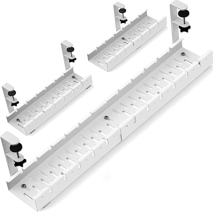 No Drilling Under Desk Cable Management, Metal Cable Management Tray Under Desk with Clamp, Retractable Power Strip Cord Holder for Wire Management 31Inch (2 Pack White)