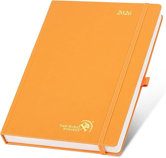 POPRUN 2026 Daily Planner One Page Per Day Even Weekends A4 Large Size (8.5" x 12") - 12 Months Calendar Hourly Appointment Book with Inner Pocket, Pen Holder, Hardcover - Orange