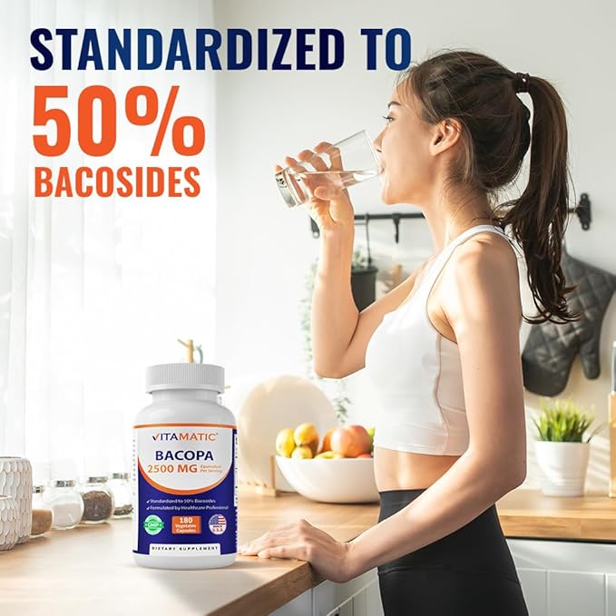Vitamatic Bacopa Monnieri 2500 mg Equivalent Per Serving (from 10:1 Extract 250 mg) Nootropic Herbal Supplement - 50% Bacosides, Non-GMO & Gluten Free - 180 Vegetable Capsules