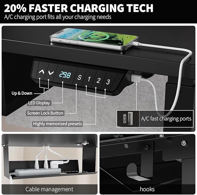 Standing Desk with Fast Charging USB Ports, 63" x 30" Height Adjustable Home Office & Gaming Desk, Sit Stand Desk with Built-in Storage Shelf, Hook & Ergonomic Design(Classic Black)