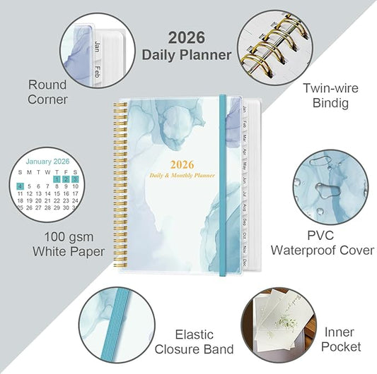 2026 Daily & Monthly Planner - One Page Per Day, Daily Planner from January 2026 - December 2026, Planner 2026 with 12 Monthly Tabs, 8.5" x 11", Blue Watercolor