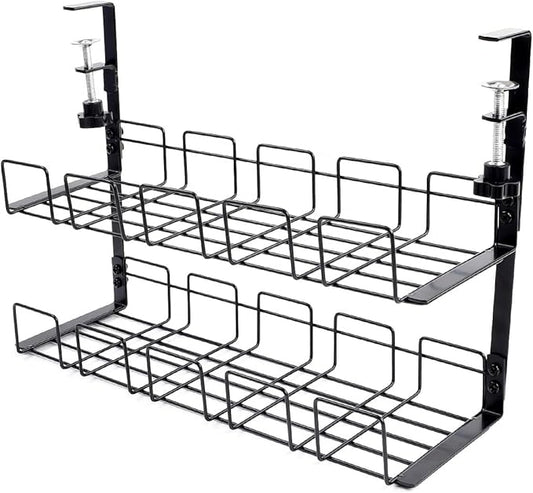 Metal Under Desk Cable Management Tray No Drill, 2-storey, Retractable Power Strip Holder with Clamps Tray with Desk Wire Management and Cord Organizer for Home Office (Black, 2L)