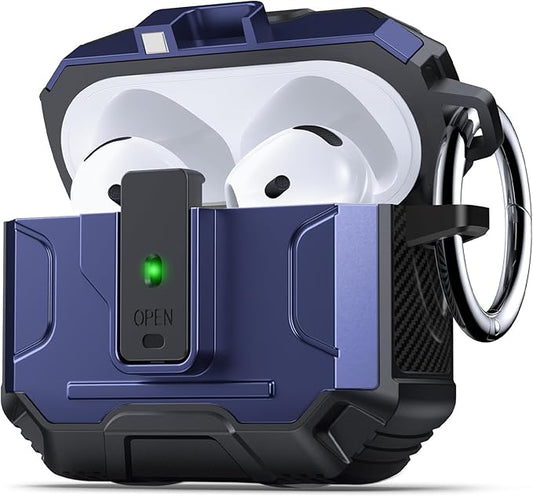 DASFOND Armor Earphone Cover Case for Airpods 4 Generation, Military Grade Full Body Shockproof Protection Hard Case, Support Wireless Charging with Keychain, Magnetic Lid, Front LED Visible, Blue