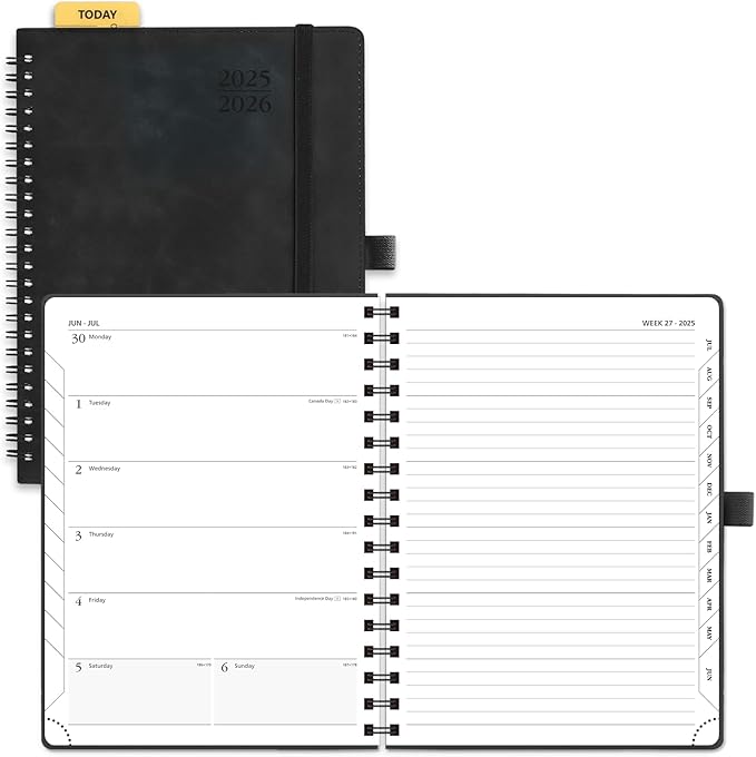 POPRUN Planner 2025-2026 Weekly Notebook (Medium 8.5''x 6.5''), Academic Calendar (JUL.25 - JUN.26) Appointment Book with Monthly Tabs, Spiral Soft Cover, Inner Pocket, 100 GSM - Black