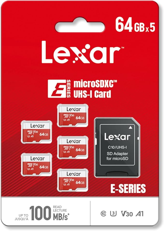 Lexar E-Series 64GB Micro SD Card 5 Pack, microSDXC UHS-I Flash Memory Card with Adapter, 100MB/s, C10, U3, A1, V30, Full HD, 4K UHD, High Speed TF Card