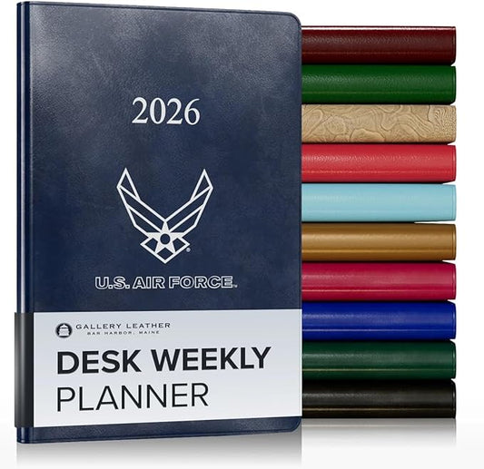 Gallery Leather Desk Weekly Monthly Planner 2025-2026, Elegantly Bound Calendar Planner and Notebook with Stylish Gold-Gilded Page Edges, 12 Months - Acadia Navy - US Air Force - 8 x 5.5 "