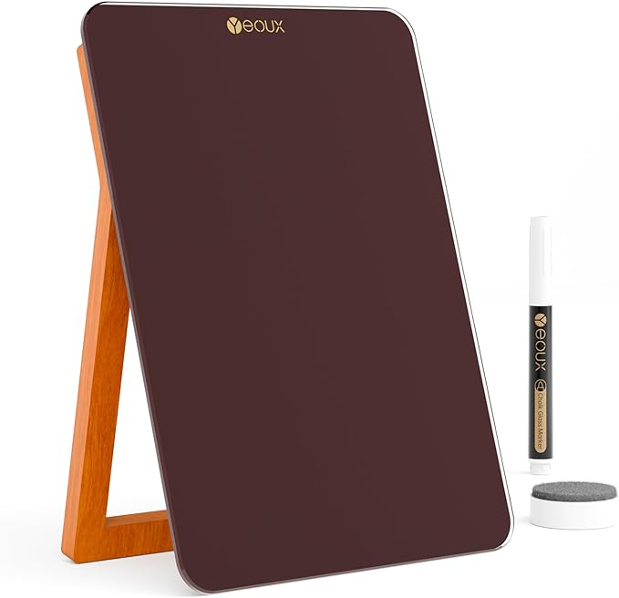 YEOUX Glass Small Whiteboard with Reversible Wood Stand for Desk, Burgundy Red, Mini Dry Erase Board, Desktop Small White Board 9.5"x6.7" for Office, Home, Kitchen, Marker & Eraser Included