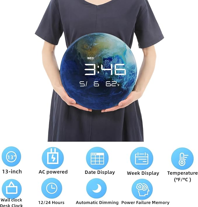 13" Digital Wall Clock with LED Display, Calendar & Temperature, Automatic Dimming, 12/24hr Format, USB Powered, Wall & Desk Use - HUI-8859