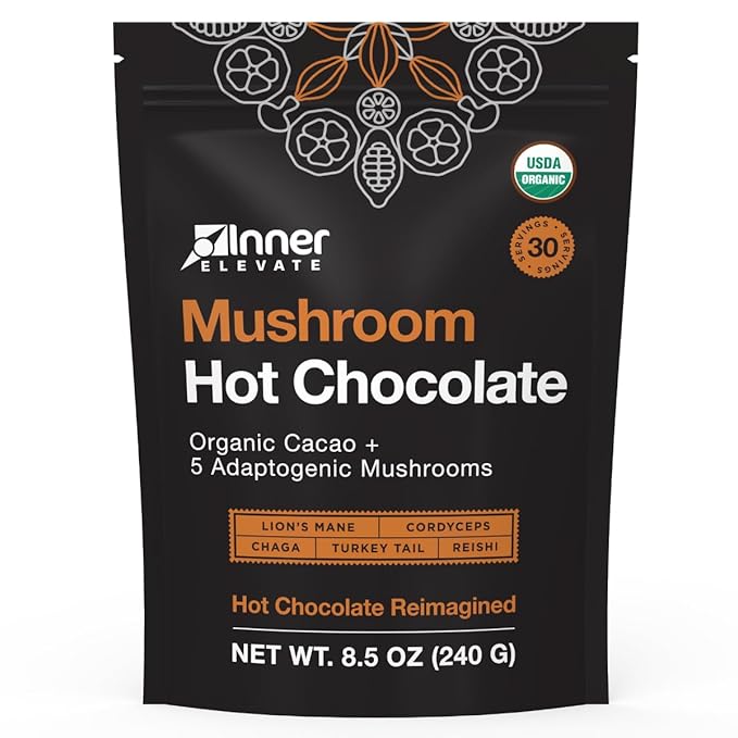 Inner Elevate Mushroom Hot Chocolate Superfood - Ceremonial Cacao with 5 Mushrooms (Lion's Mane, Cordyceps, Chaga, Reishi, Turkey Tail) - Great as a Coffee Alternative, Hot Chocolate, or Smoothie (30 Servings)