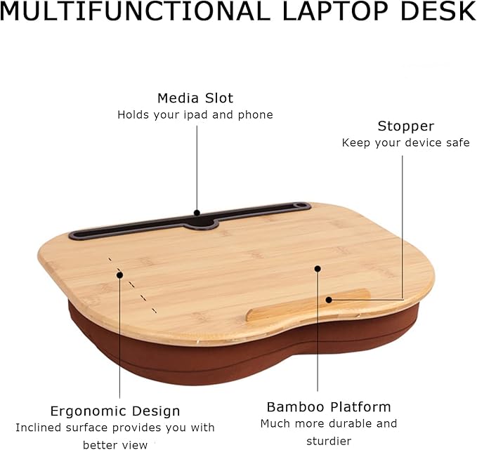 SUMISKY Lap Desk for 14" Laptops-Bamboo Laptop Desk with Cushion & Phone Holder, Portable Laptop Stand with Tray, 15x11 Inches