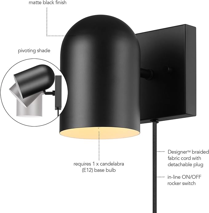 GLOBE Electric 65000098 1-Light Plug-in or Hardwire Wall Sconce, Matte Black, 6ft Braided Fabric Cord, in-Line Rocker Switch, Modern Lighting for Apartments or Renters, Lights for Living Room