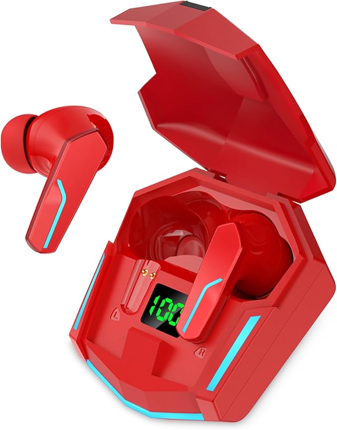 MyJoy Cool Wireless Gaming Earbuds, Bluetooth 5.3 Noise Cancelling Earbuds with Mic, Low Latency, LED Light Charging Case – Red
