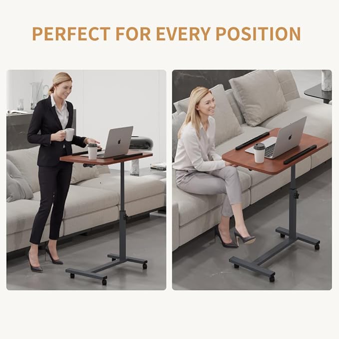 Laptop Table Mobile Adjustable Height Portable Desk Notebook Swivel PC Computer Rolling Desk with Wheels, Laptop Stand for Couch Bedside Hospital Bed Table (Dark Walnut)