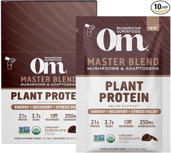 OM MUSHROOM SUPERFOOD Master Blend Mushrooms & Adaptogens, Creamy Chocolate Plant Protein, Single Serve, 10 Count, 10 Mushroom Complex, Lion's Mane, Ashwagandha, Stress Relief, GLP-1 Support