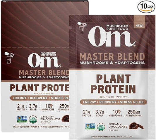 OM MUSHROOM SUPERFOOD Master Blend Mushrooms & Adaptogens, Creamy Chocolate Plant Protein, Single Serve, 10 Count, 10 Mushroom Complex, Lion's Mane, Ashwagandha, Stress Relief, GLP-1 Support