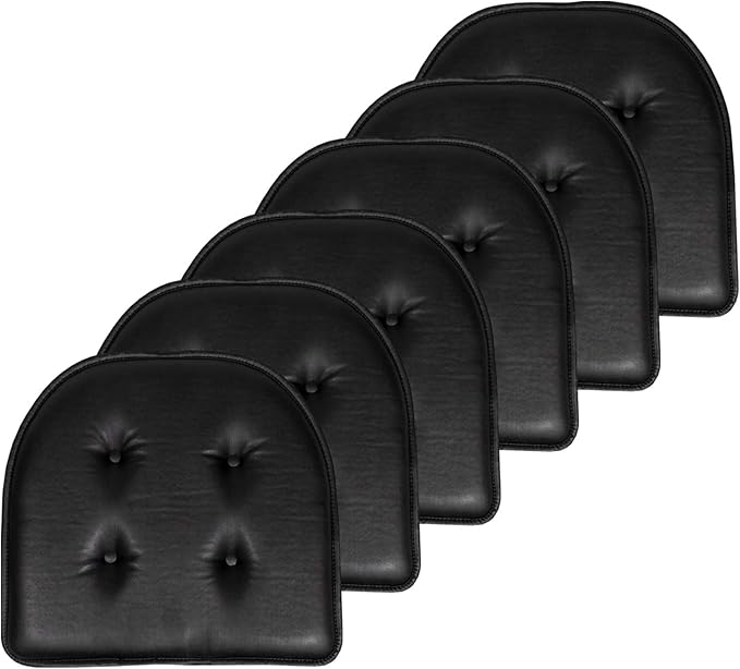 Sweet Home Collection Chair Cushion Memory Foam Pads Tufted Slip Non Skid Rubber Back U-Shaped 17" x 16" Seat Cover, 6 Pack, Faux Leather Black