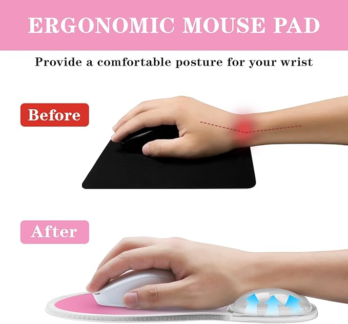 Mouse Pad with Wrist Rest,Ergonomic Mouse Pad with Comfortable Gel Wrist Rest Support and Non-Slip PU Base for Easy Typing Pain Relief, Durable and Washable (Transparent Pink Gradient)
