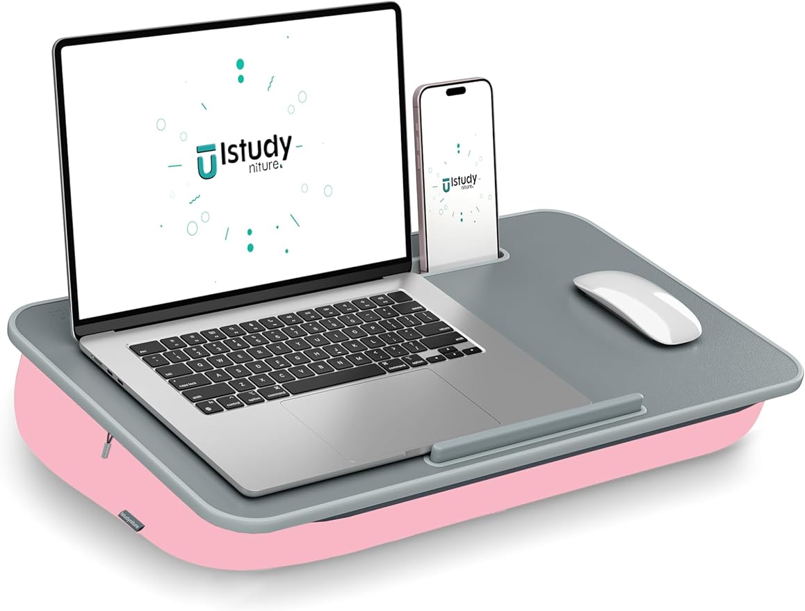 Lap Desk with Washable Cushion – Fits up to 17-In Laptops – Portable Laptop Desk & Stand – Bed desks & Tray for Writing, Reading, Working, Gaming on Bed, Couch, Floor – Istudyniture - Large, Rose Pink