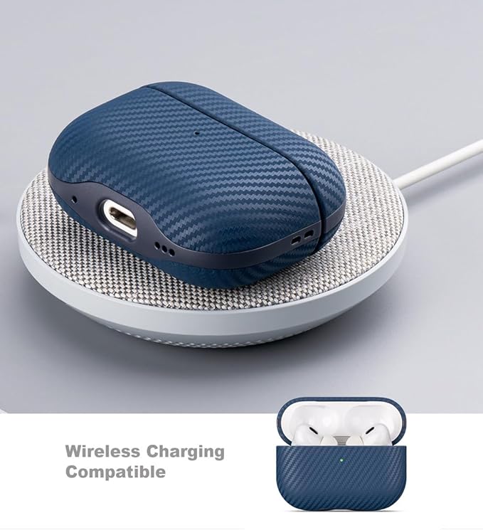 LOPIE Leather Case for AirPods Pro 2nd Generation - Handmade AirPods Pro 2 Case Cover - Made of Real Leather - Protective Hard Shell Cover - Carbon Fiber Style - Wireless Charging Compatible - Blue