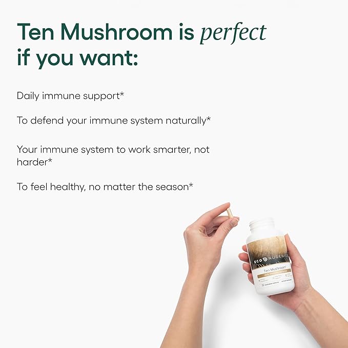 EcoNugenics Ten Mushroom Supplement: Daily Immune Support, 120 Capsules – Lion’s Mane, Reishi, Cordyceps, Turkey Tail – Energy, Gut Health, Liver, Kidney, Cholesterol & Nootropic Brain Support