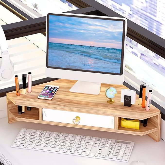 Triangle Monitor Riser,Cut Triangular Computer Monitor Desktop Corner Stand,Desktop Corner Shelf With Drawers Wooden Computer Stand With Storage Laptop Risers Office Organization.