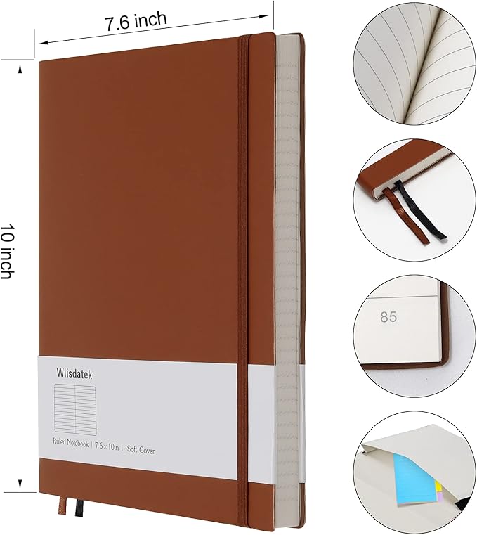 B5 College Ruled Notebooks - 2 Pack B5 Large Journal Notebooks with 376 Numbered Pages,100gsm Thick Lined Paper,Soft PU Leather Cover,7.6 X 10 inch(BROWN)