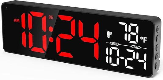 Large LED Digital Wall Clock with Date, Temperature, Auto-Brightness, Auto-DST | Big Digital Clock for Bedroom, Desk, Classroom, Living Room, Kitchen, Office, Gym, Farmhouse, Xmas Gift for Seniors