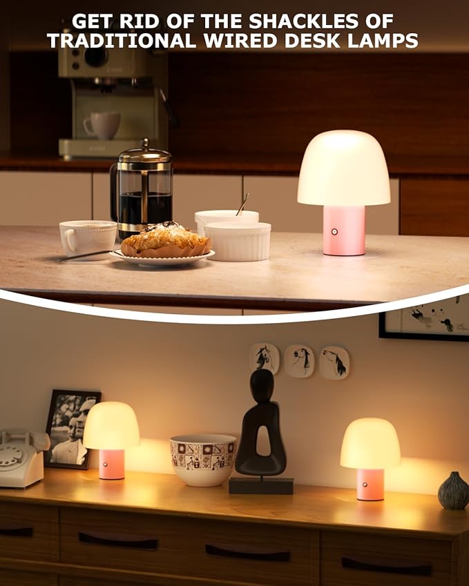 Portable LED Table Lamp, Cordless Desk Lamp Rechargeable, 3-Color Touch Stepless Dimming Night Light for Bedroom/Children's Room/Terrace/Dining Room/Cafe (Pink)